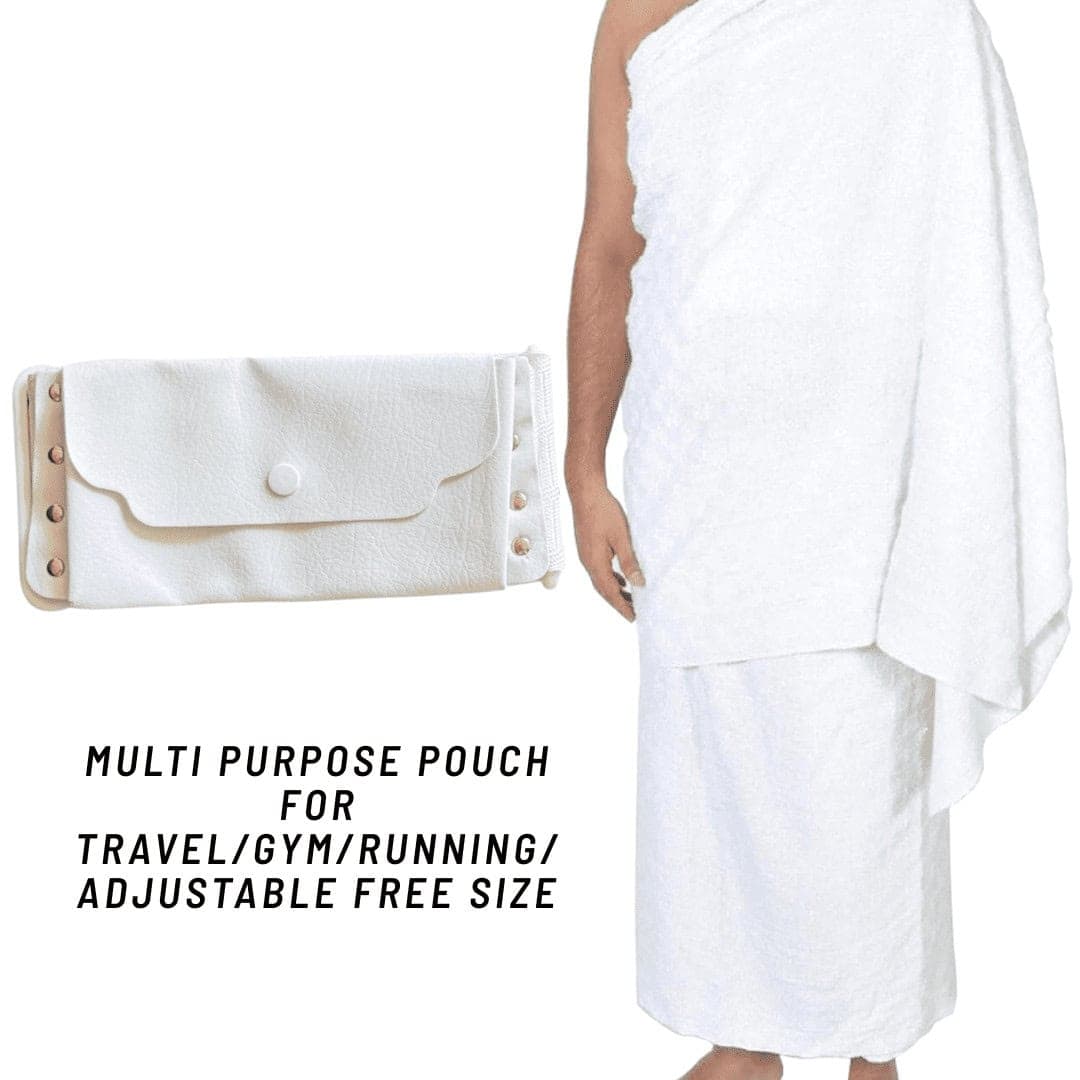 Ruby White Ihram Belt with Dual Pouches - Washable Hajj & Umrah Utility Belt