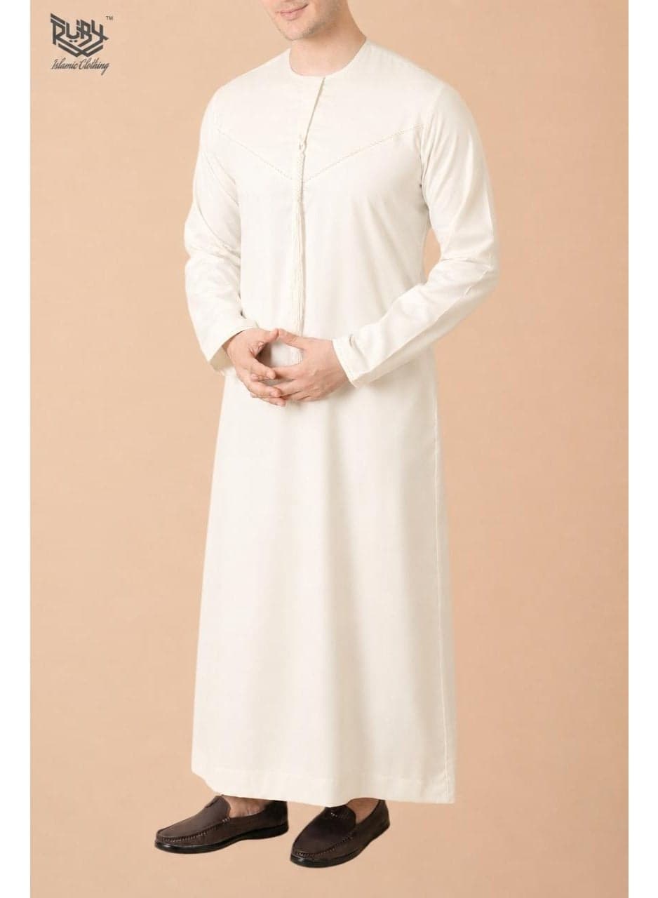 Classic Off White (Light Cream) Emirati Thobe Kandura for Men with Intricate Embroidery