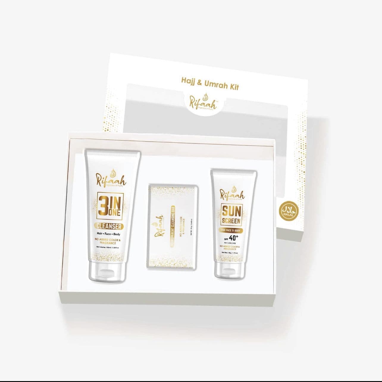 Rifaah Hajj & Umrah Travel Kit with Cleanser, Sunscreen & Cleansing Bar