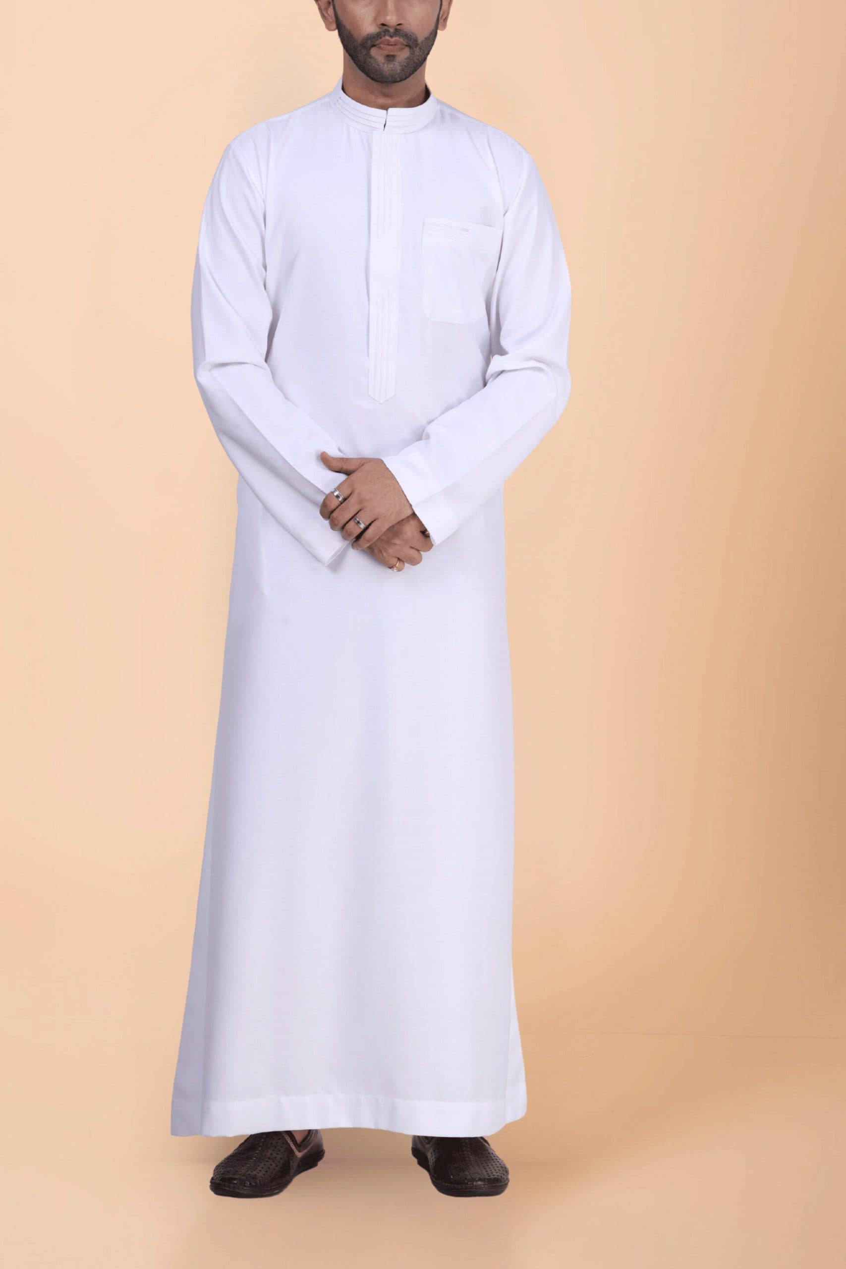 Classic White Plain Thobe with Band Collar & Clean Placket Design