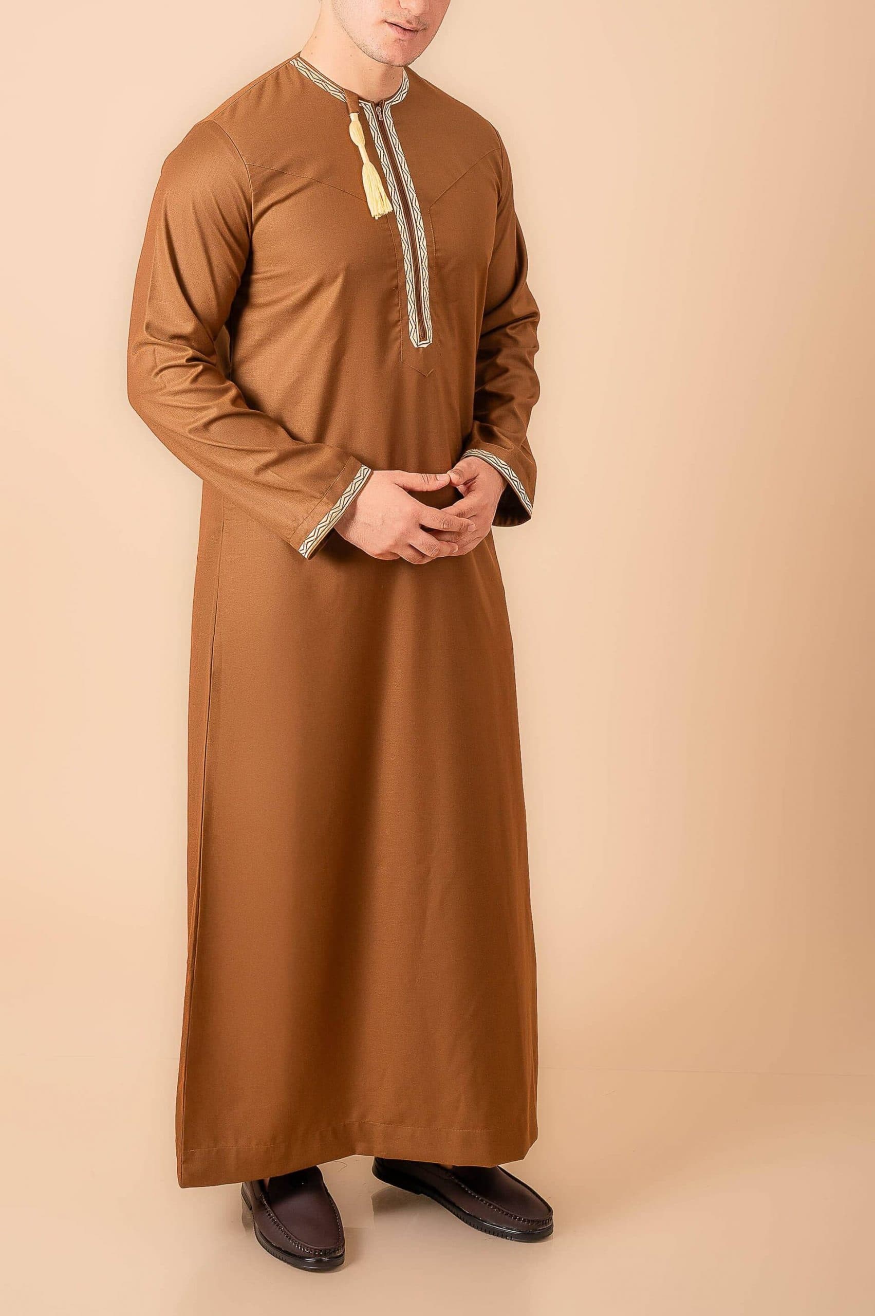 Coffee Brown Omani Thobe with Beige Geometric Embroidery & Tassel