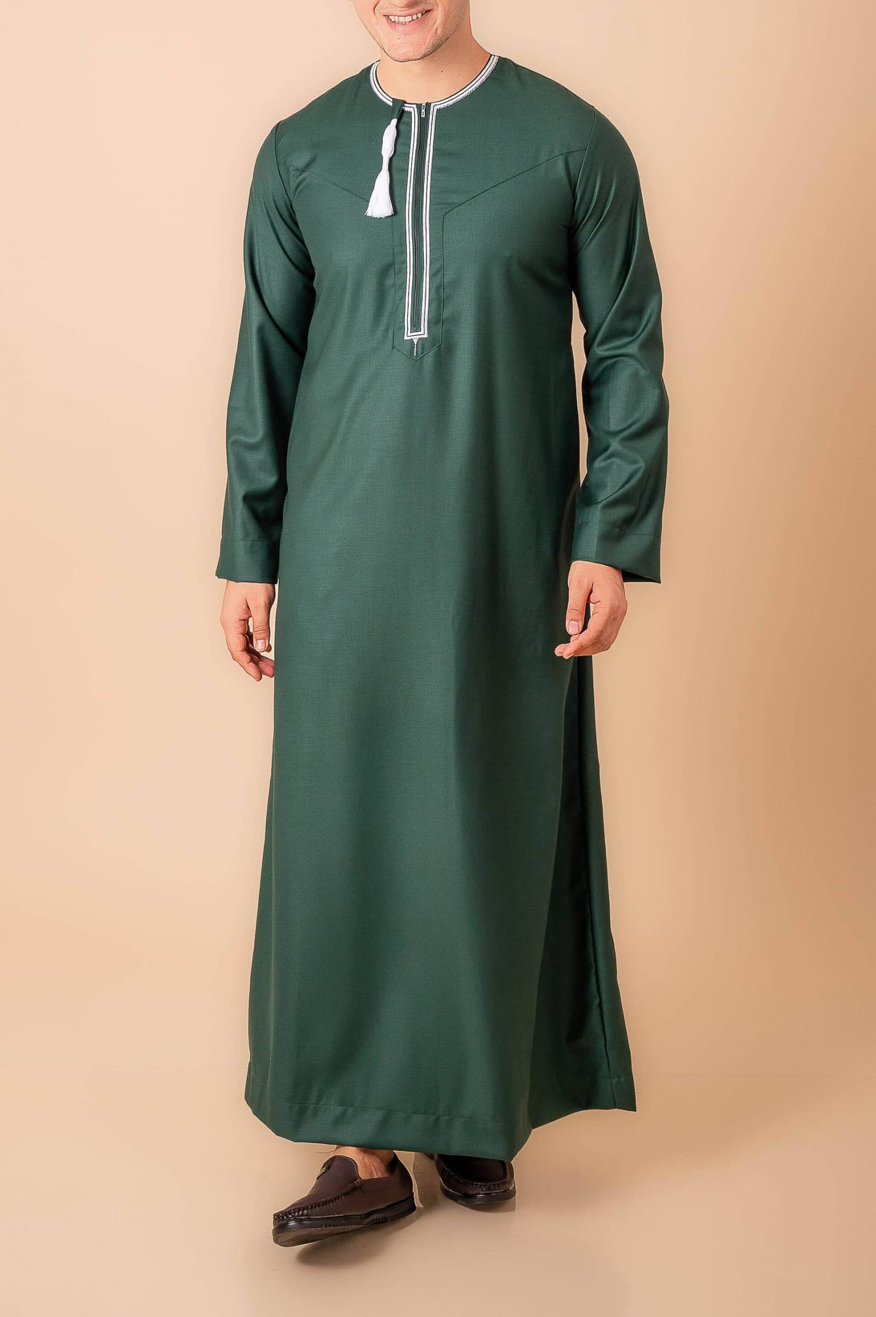 Dark Green Omani Thobe with White Geometric Embroidery & Tassel