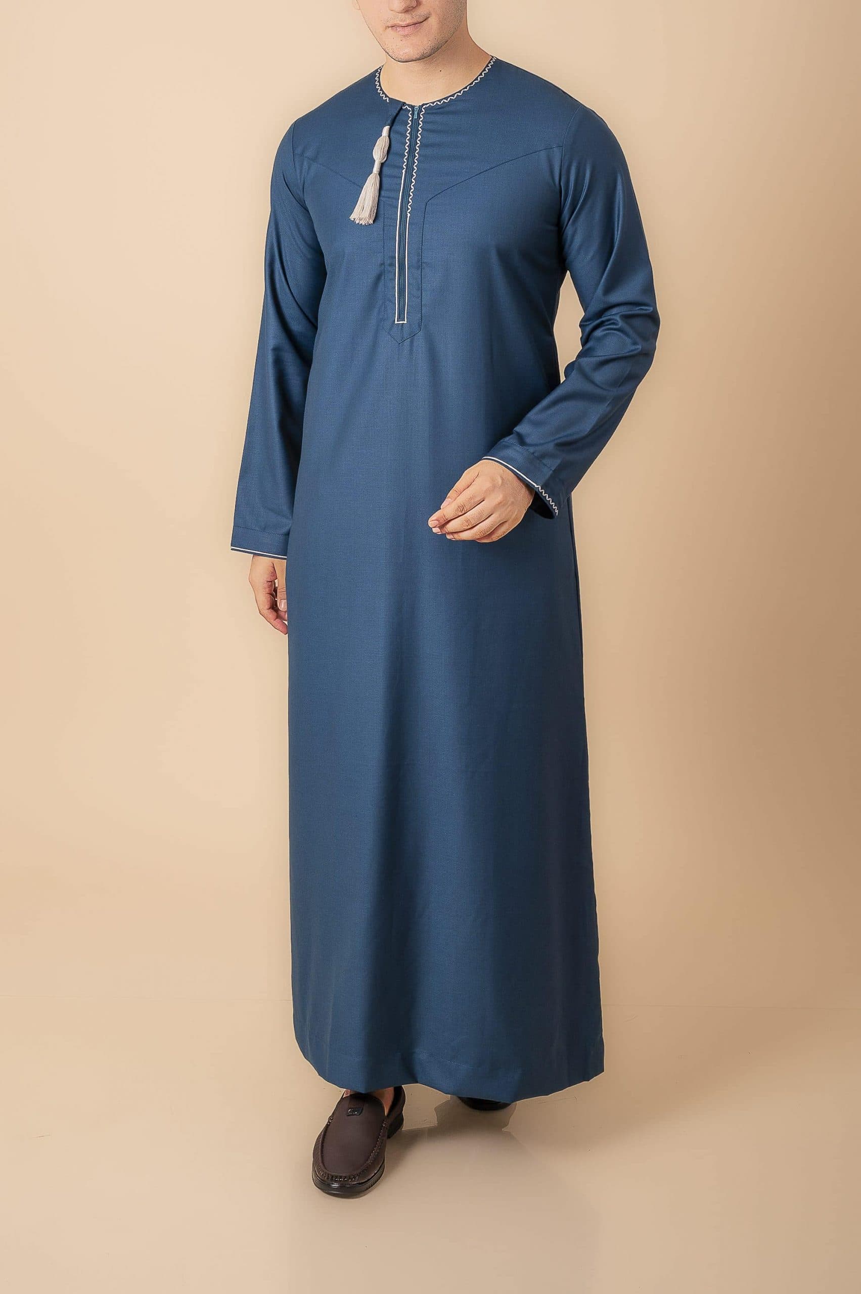 Teal Blue Omani Thobe with White Geometric Embroidery & Tassel