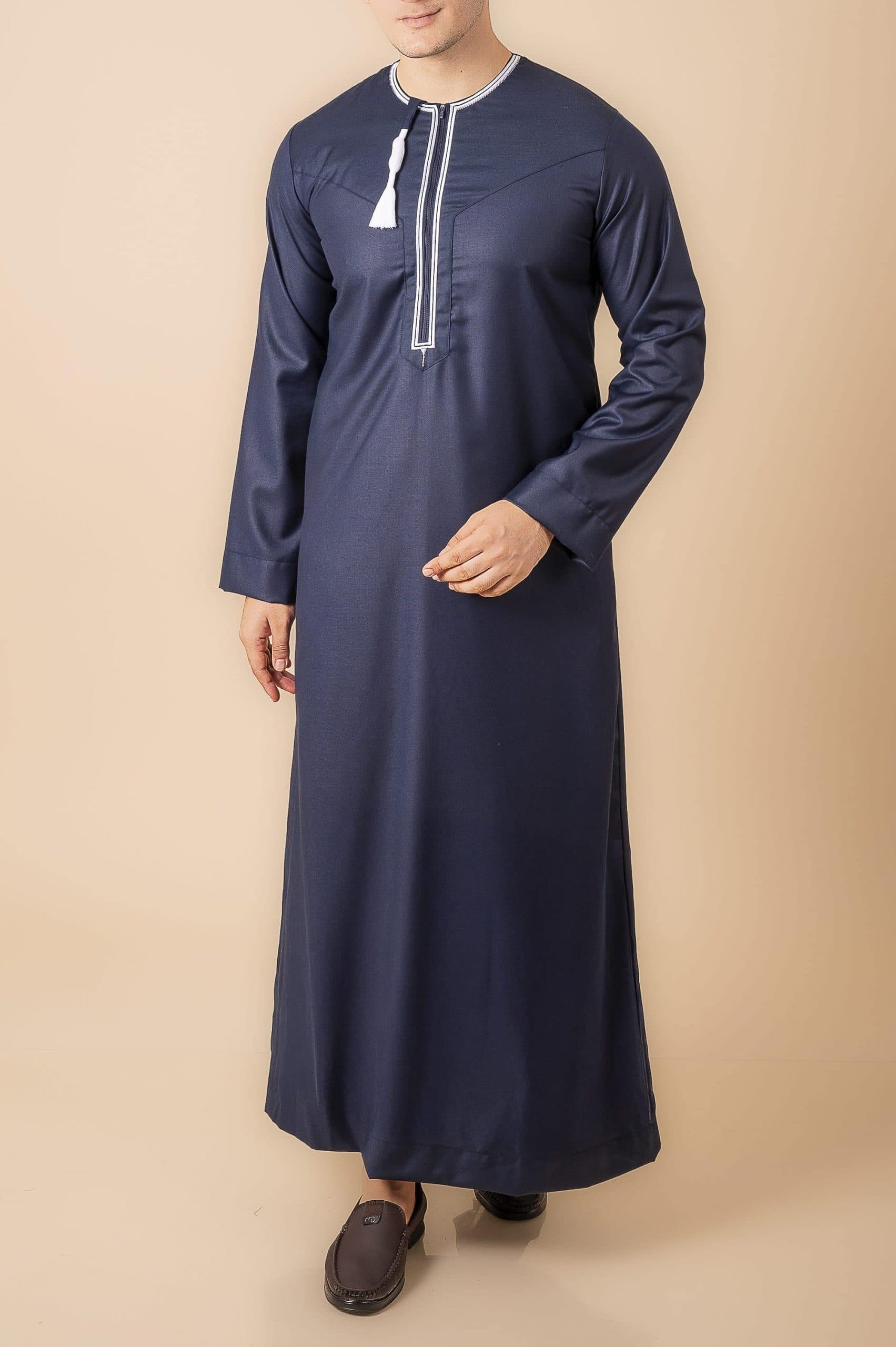 Navy Blue Omani Thobe with White Embroidered Placket & Tassel