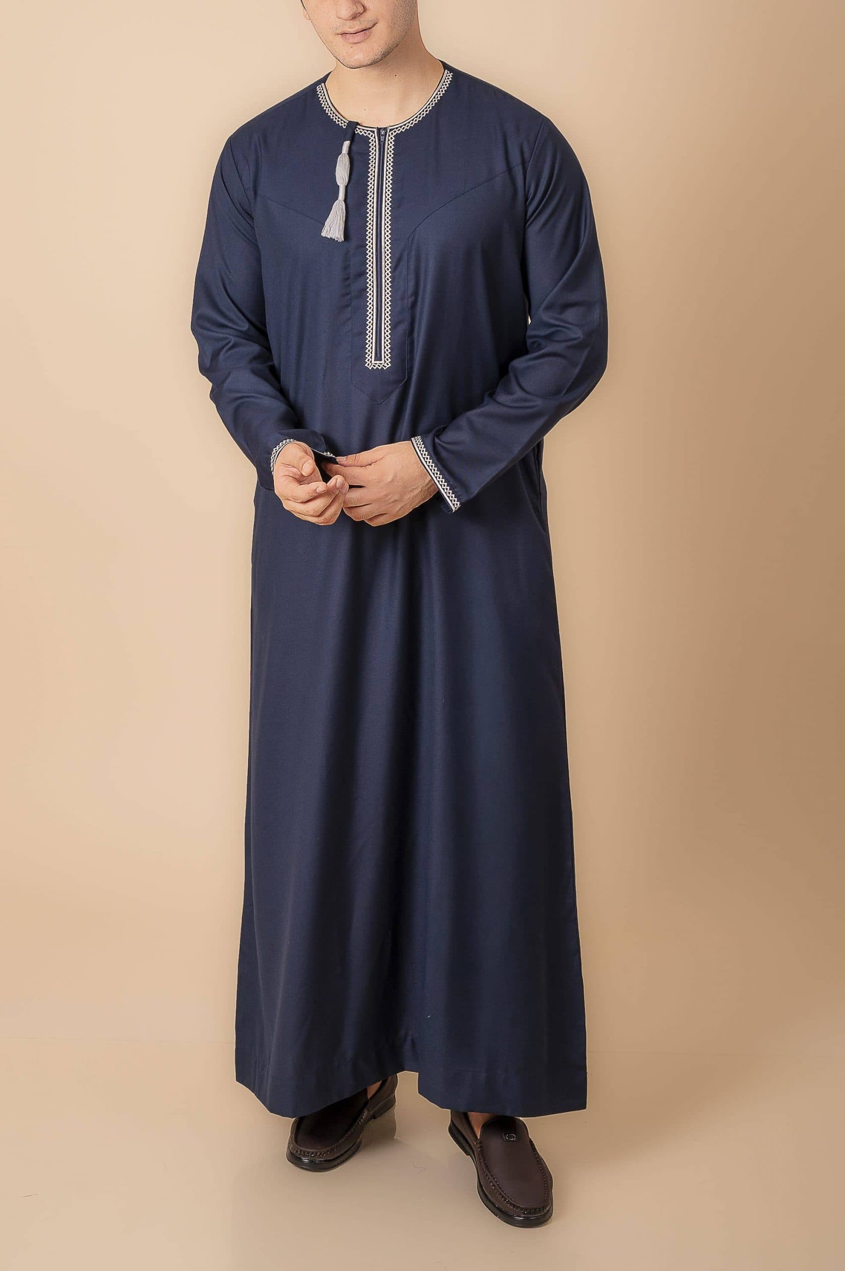 Navy Blue Omani Thobe with silver grey Geometric Embroidery & Tassel
