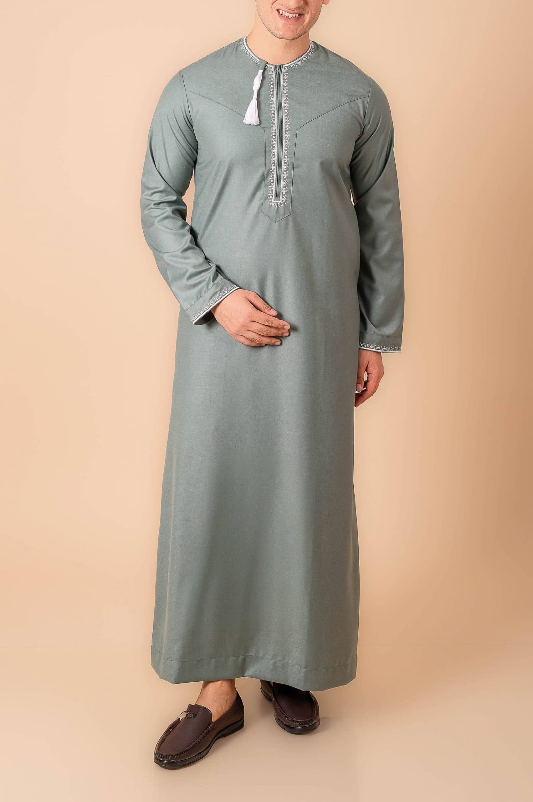 Sage Green Omani Thobe with Beige Geometric Embroidery & Tassel
