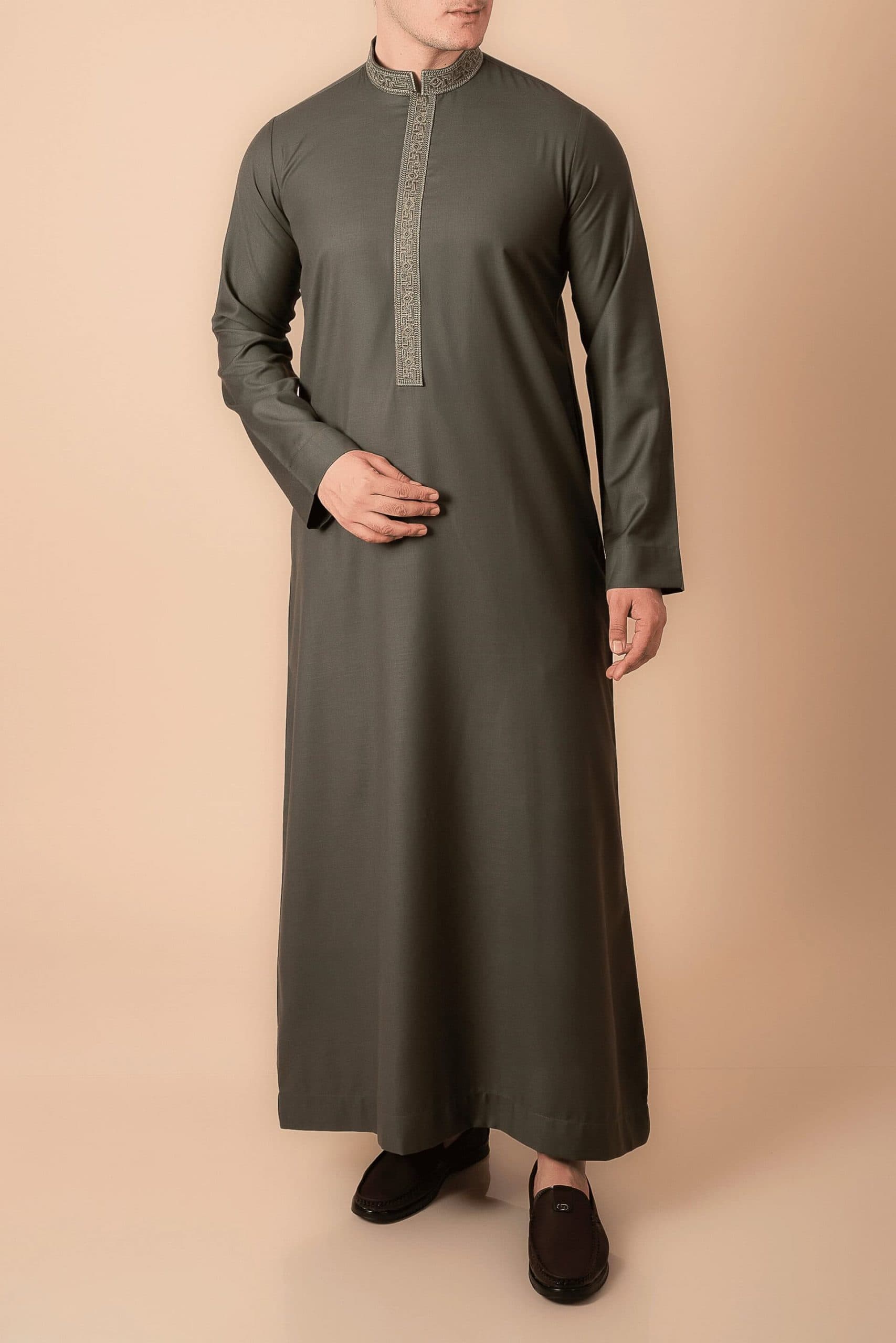 Premium Deep Olive Emirati Thobe with Gold Geometric Embroidered Collar & Placket