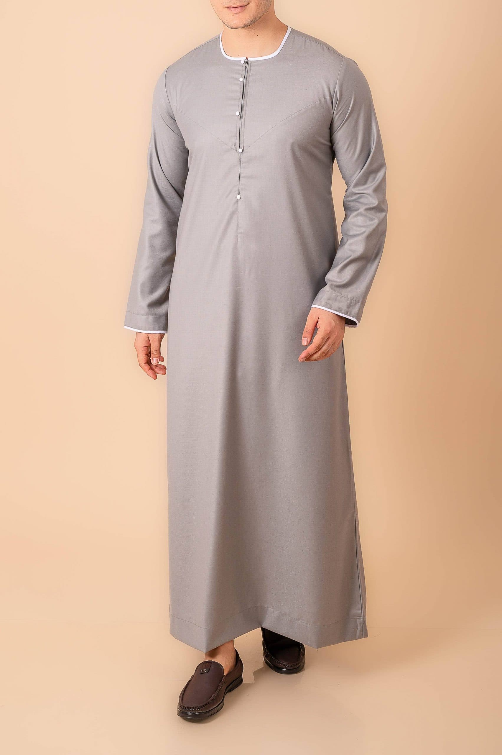 Premium Light Grey Emirati-Style Thobe with White Contrast Piping & Minimal Panel Design