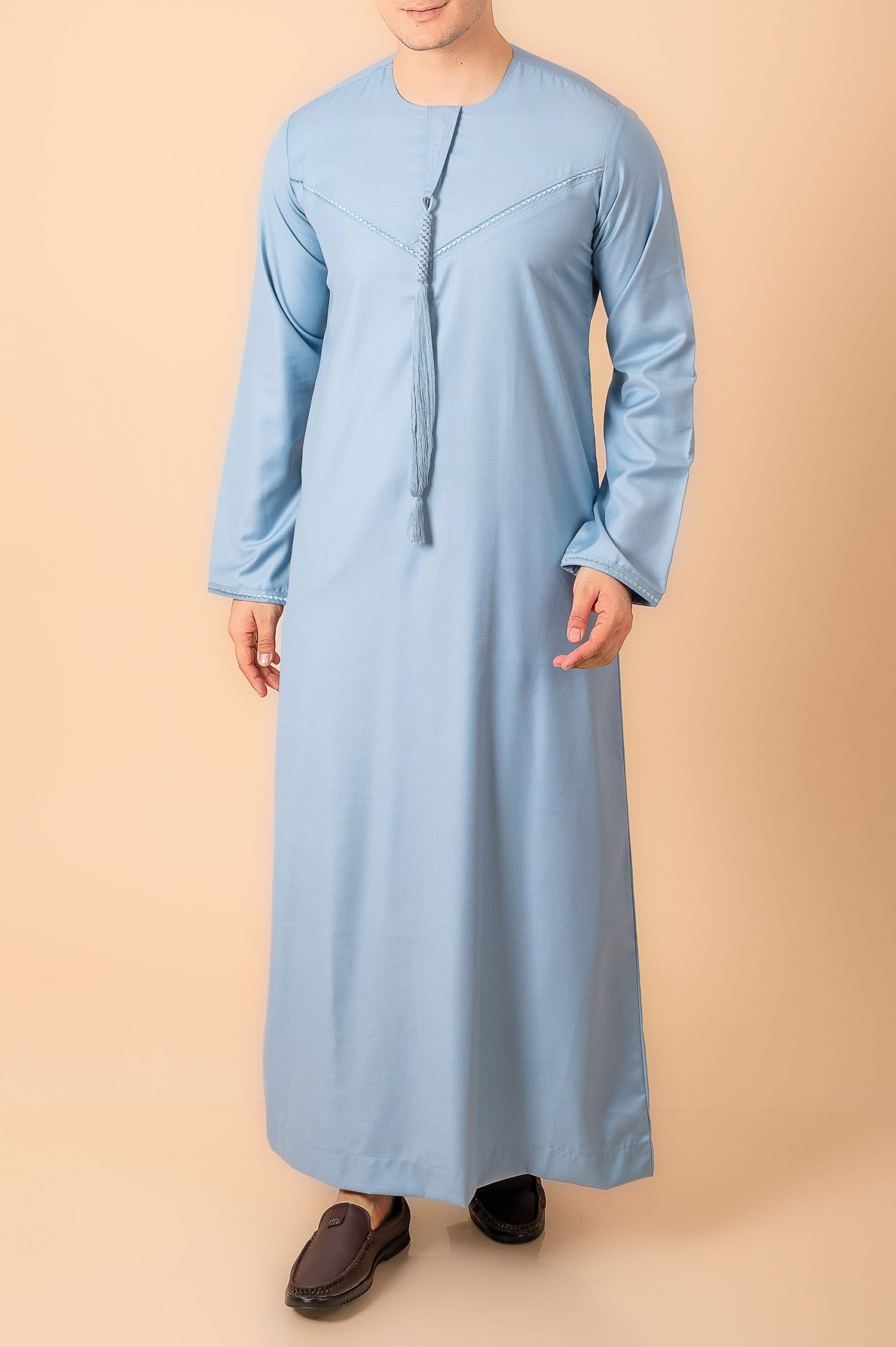 Premium Light Blue Emirati Tassel Thobe for Men – Elegant Braided Front Kandura Style