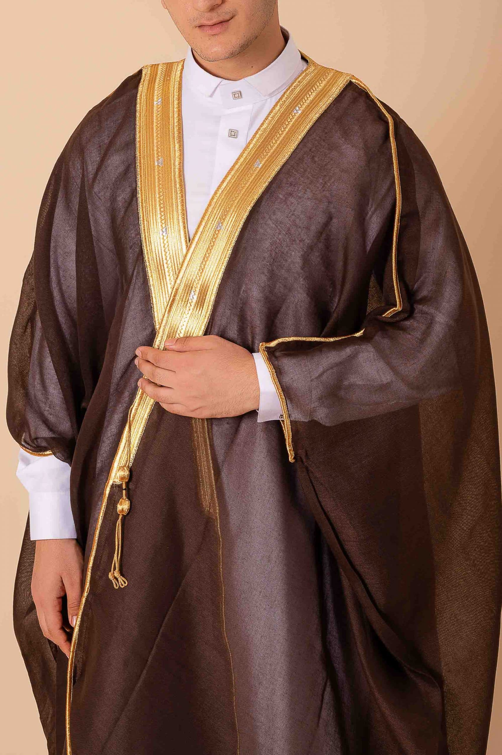 Regal Heritage Deep Brown Arabic Bisht with Gold Zari Edge Embroidery