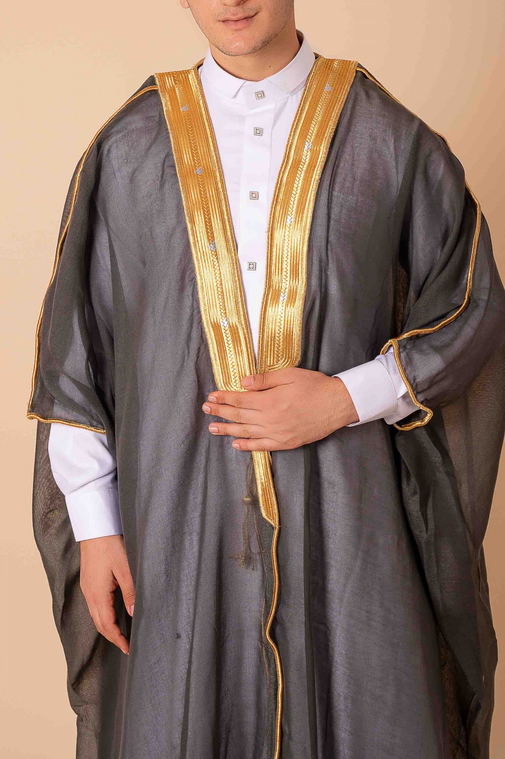 Luxury Dark Grey Arabic Bisht for Men with Gold Zari Edge Embroidery
