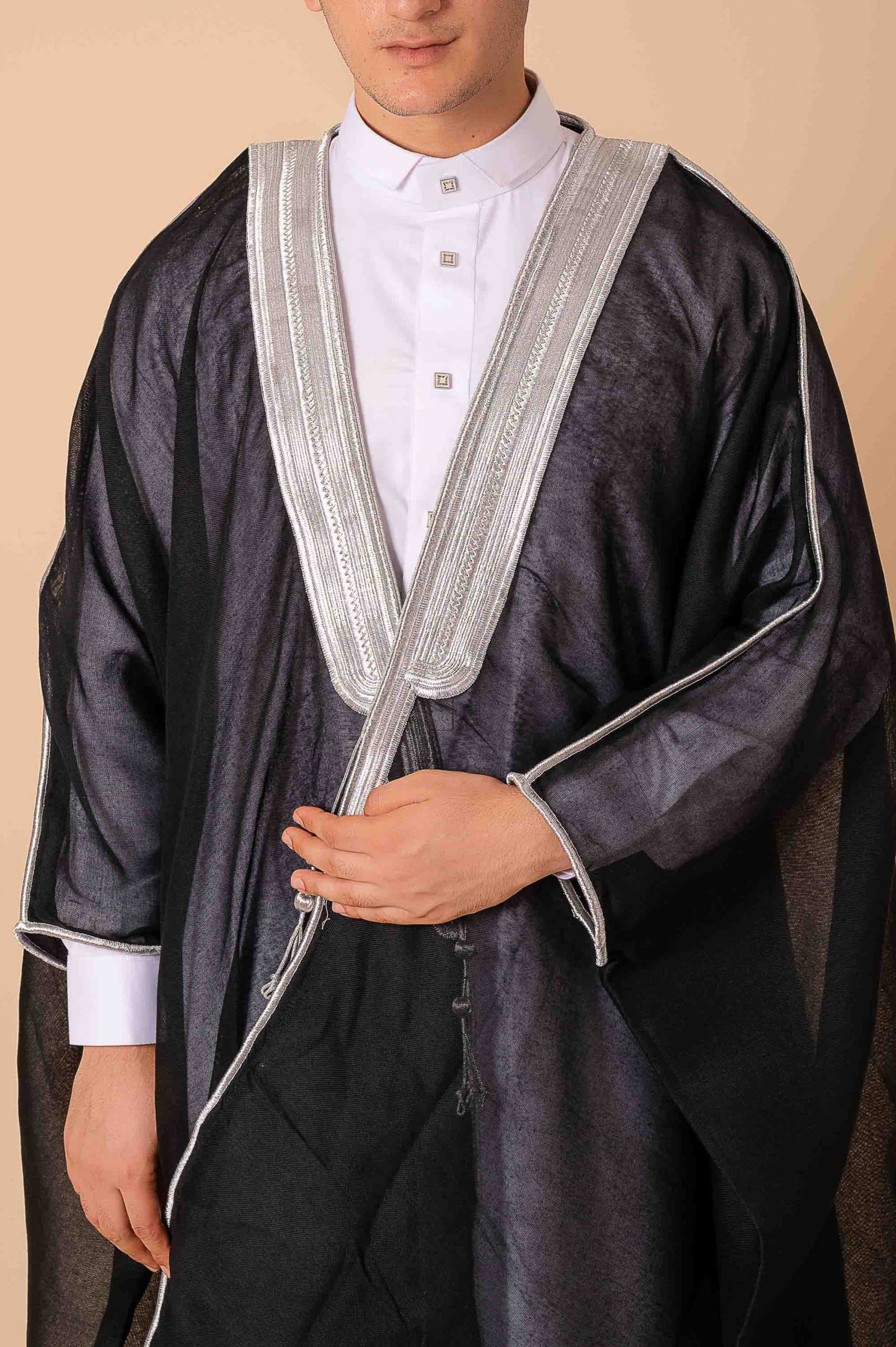 Royal Prestige Black Arabic Bisht with Intricate Silver Zari Border