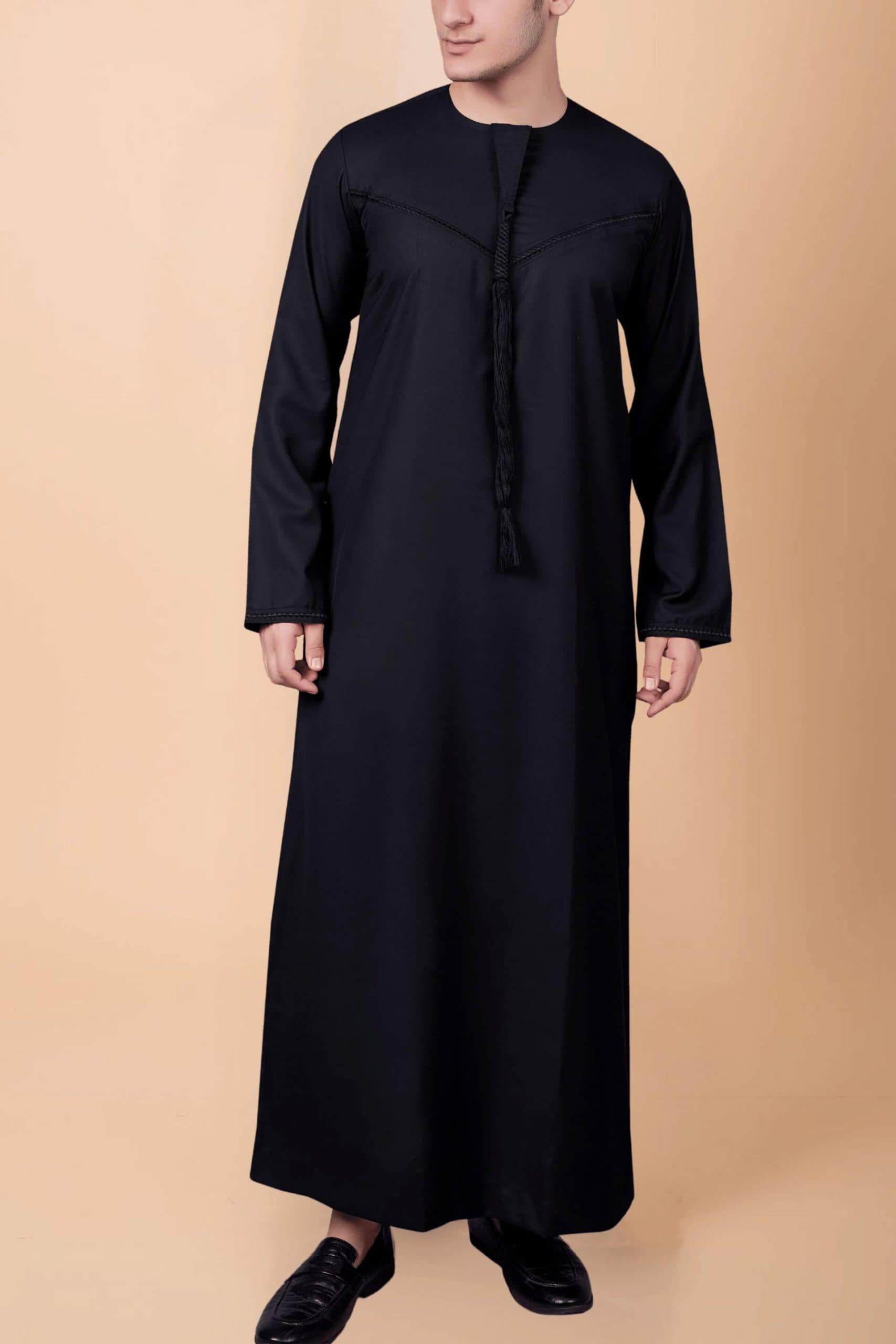 Men’s Black Emirati Tassel Thobe – Chevron Stitch Designer Kandura with Front Tassel