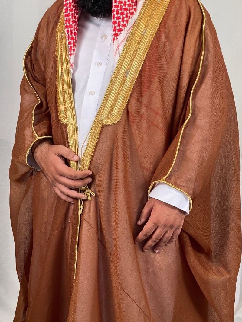 Golden Brown Arabic Bisht for Men with Gold Zari Border Embroidery