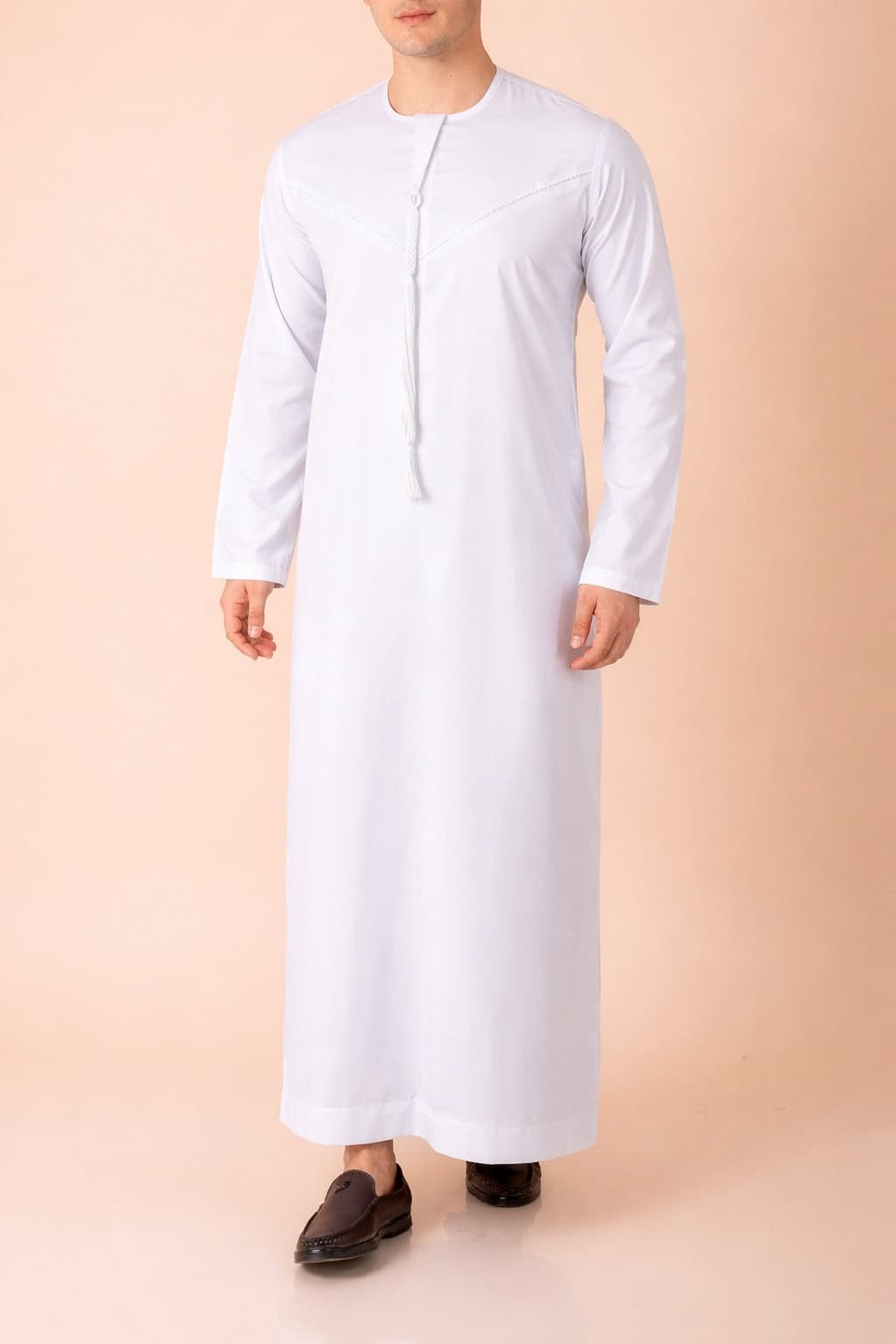 Premium Pure White Emirati Tassel Thobe with Tonal Embroidered Detailing