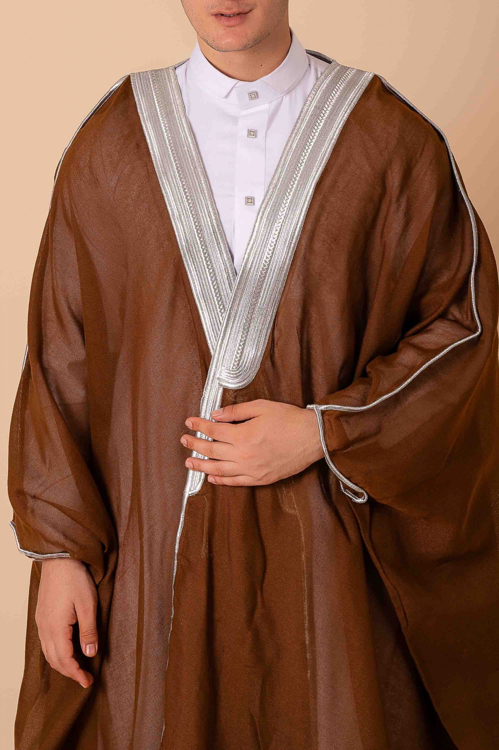 Luxury Brown Arabic Bisht for Men with Silver Zari Edge Embroidery