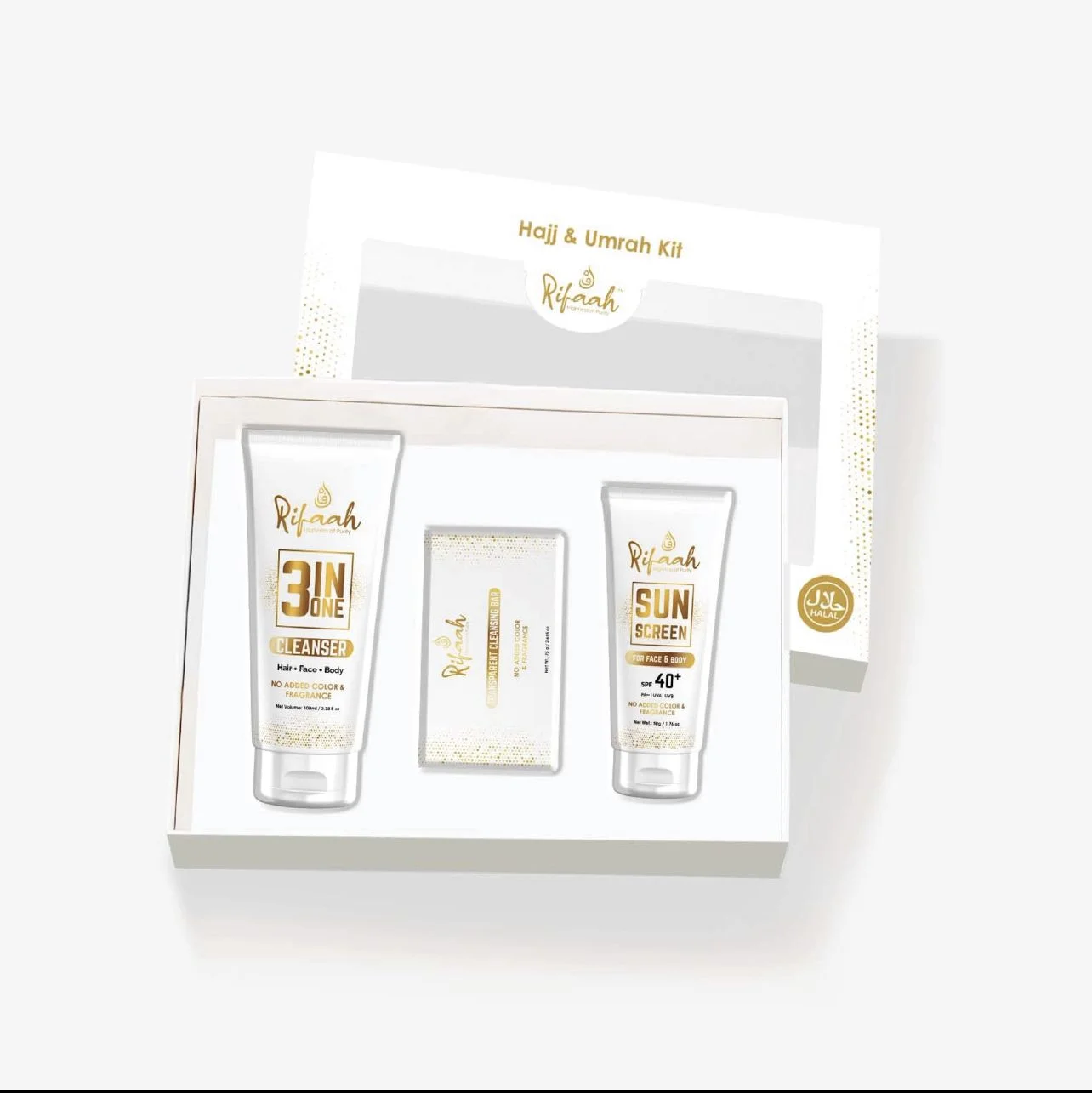 Rifaah Hajj & Umrah Travel Kit with Cleanser, Sunscreen & Cleansing Bar