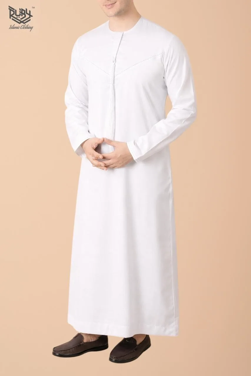 Premium Pure White Emirati Tassel Thobe with Tonal Embroidered Detailing