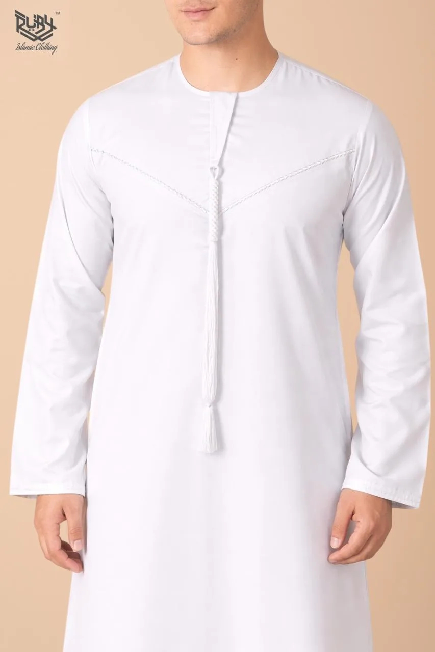 Premium Pure White Emirati Tassel Thobe with Tonal Embroidered Detailing