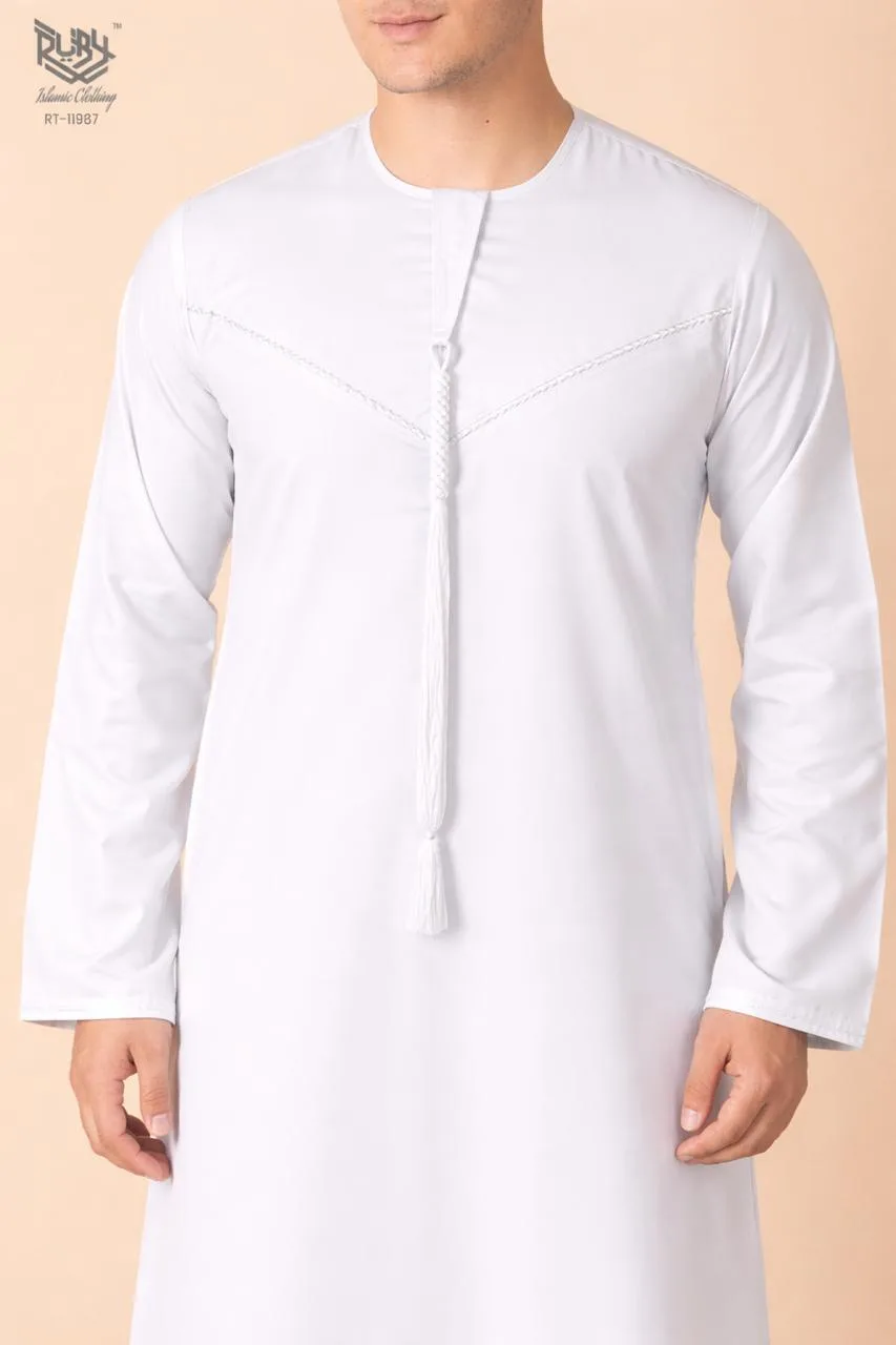 Premium Pure White Emirati Tassel Thobe with Tonal Embroidered Detailing