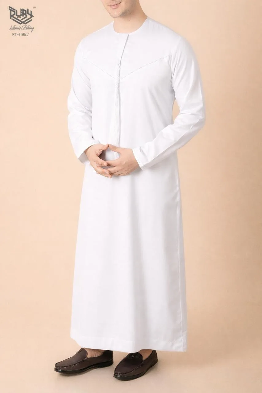 Premium Pure White Emirati Tassel Thobe with Tonal Embroidered Detailing