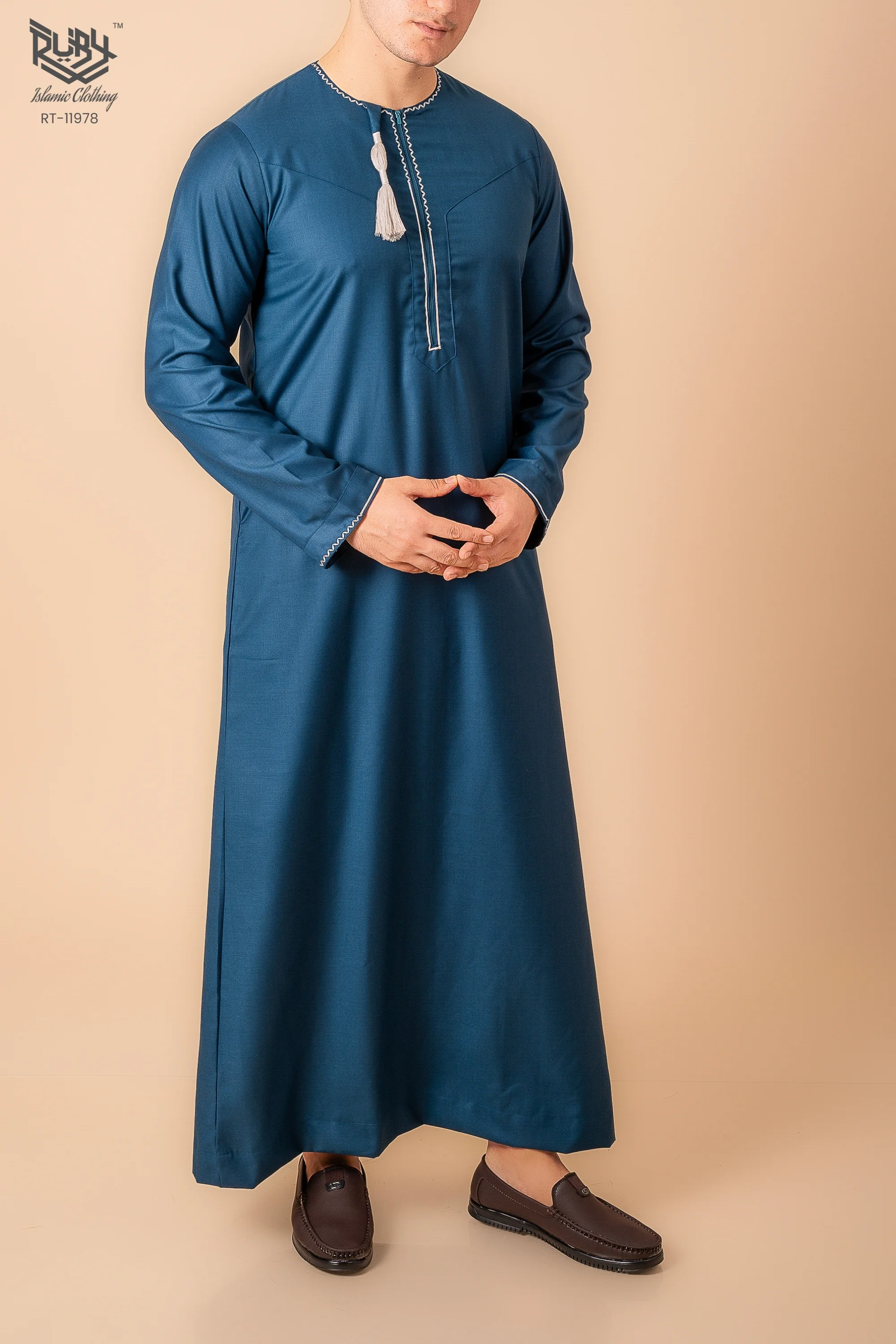 Teal Blue Omani Thobe with White Geometric Embroidery & Tassel