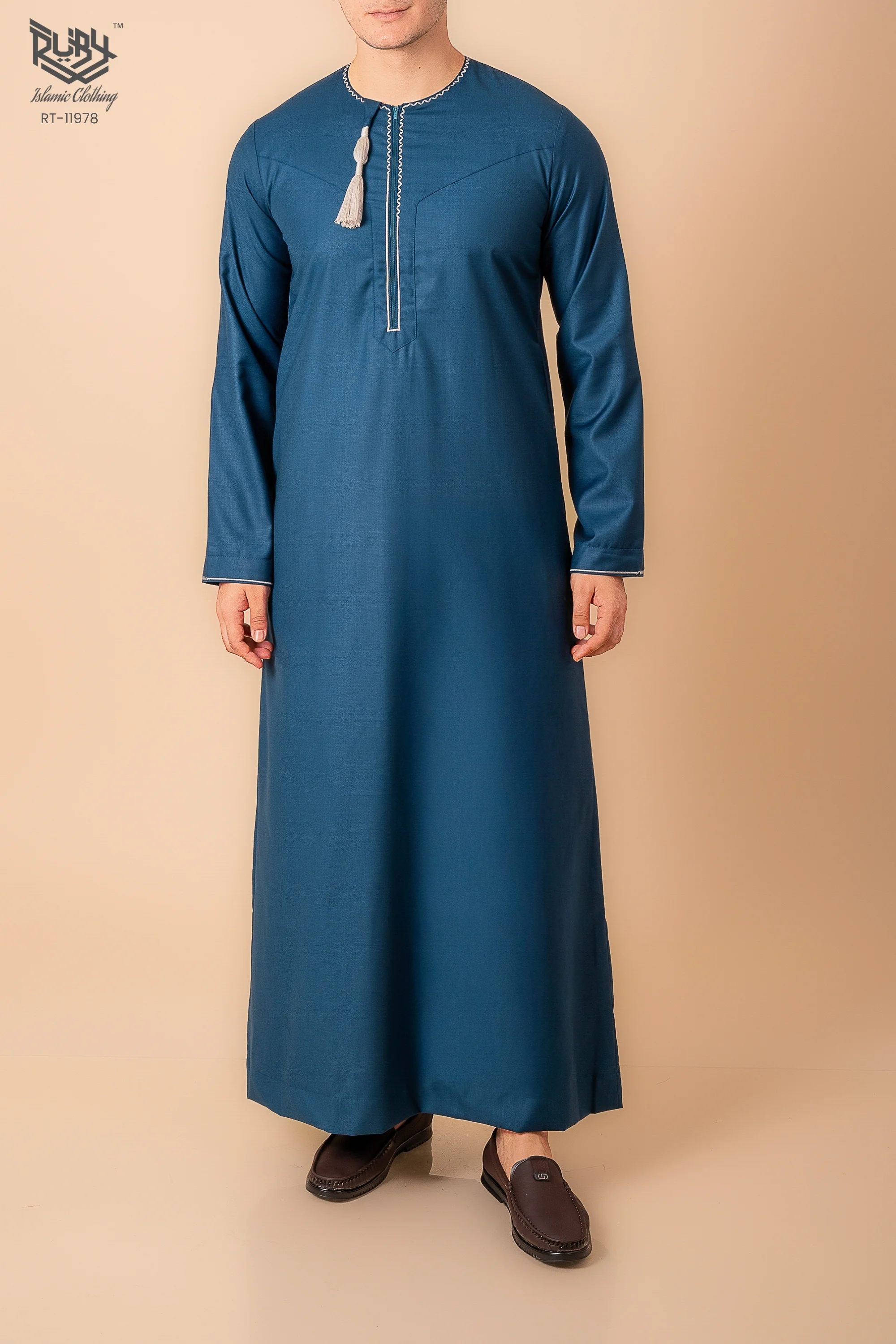 Teal Blue Omani Thobe with White Geometric Embroidery & Tassel