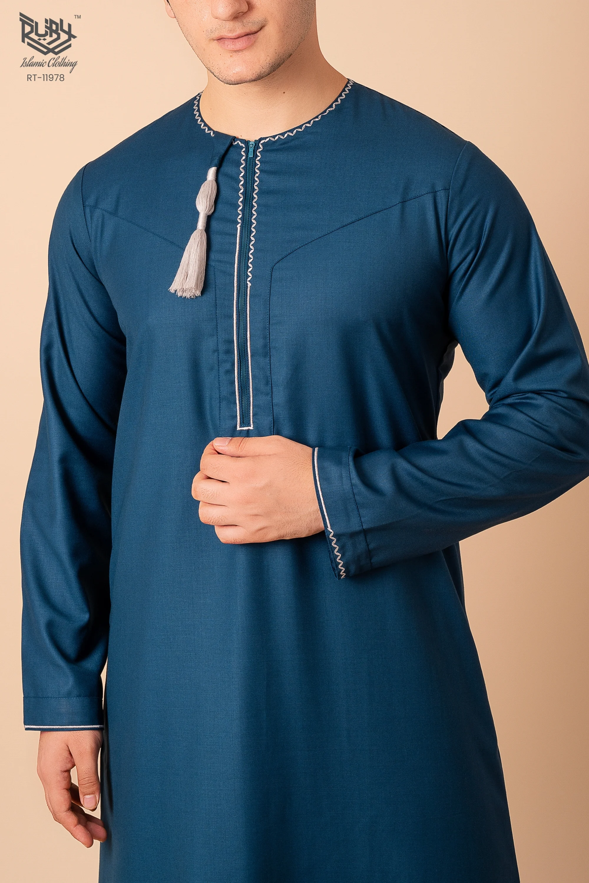 Teal Blue Omani Thobe with White Geometric Embroidery & Tassel