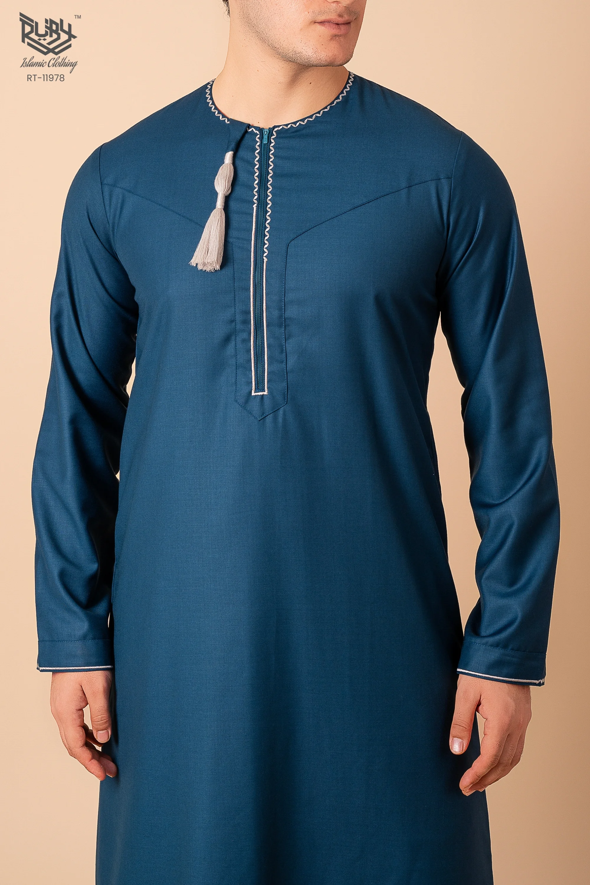 Teal Blue Omani Thobe with White Geometric Embroidery & Tassel