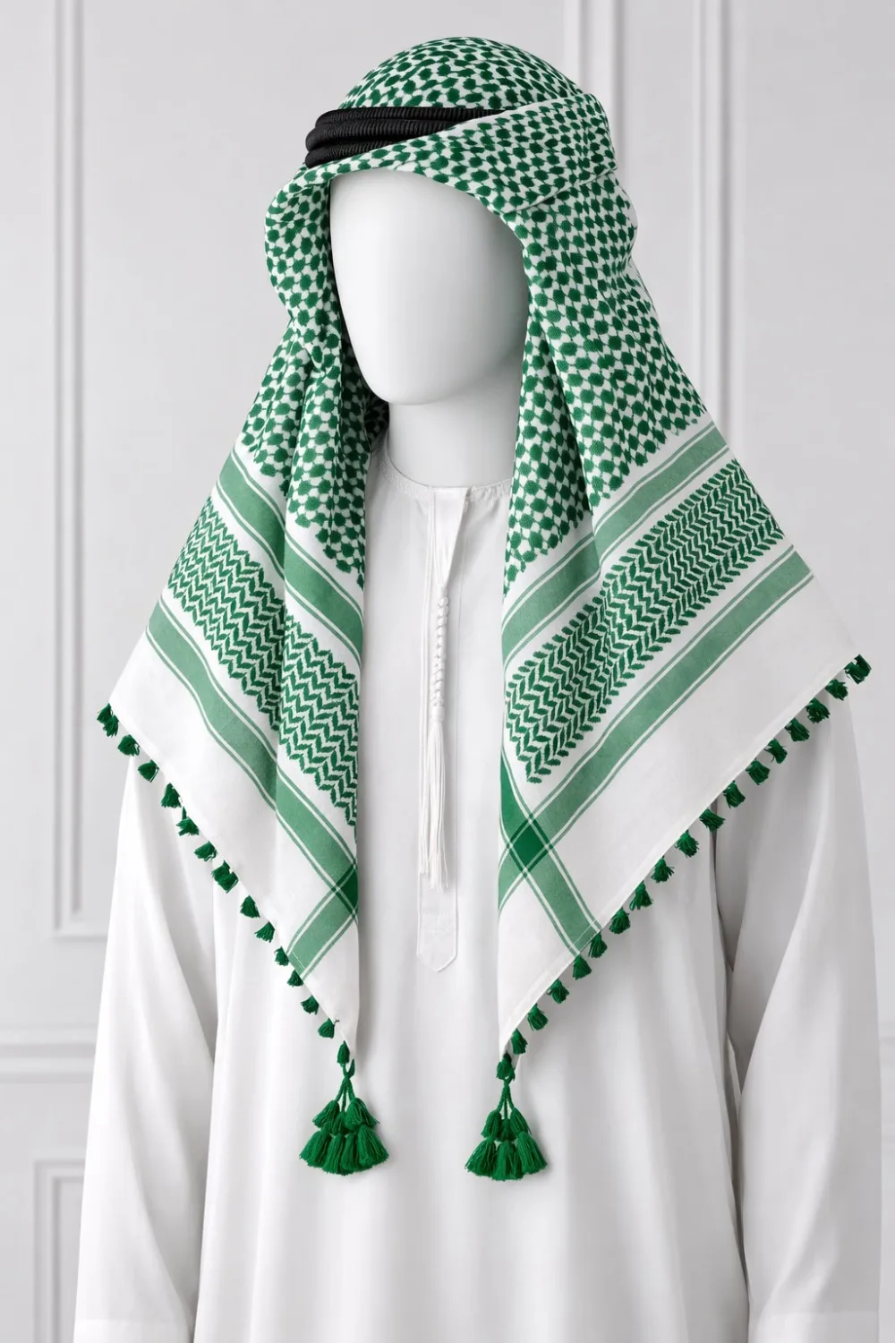 Premium Green & White Traditional Shemagh Scarf with Tassel Fringe