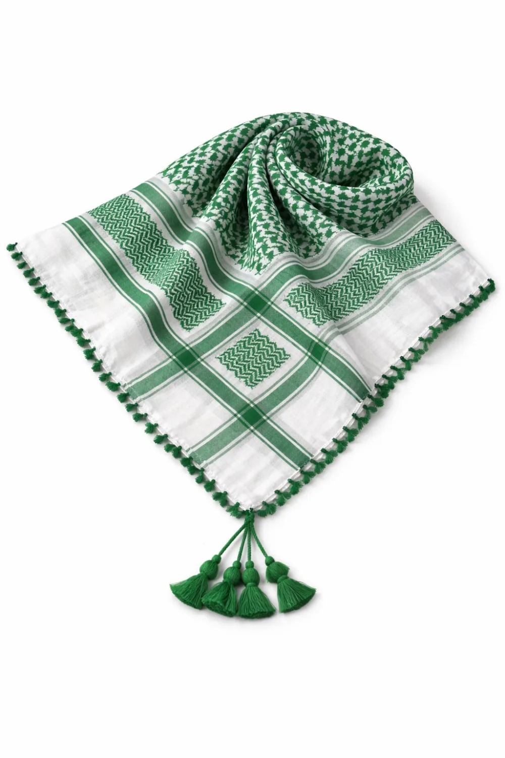 Premium Green & White Traditional Shemagh Scarf with Tassel Fringe