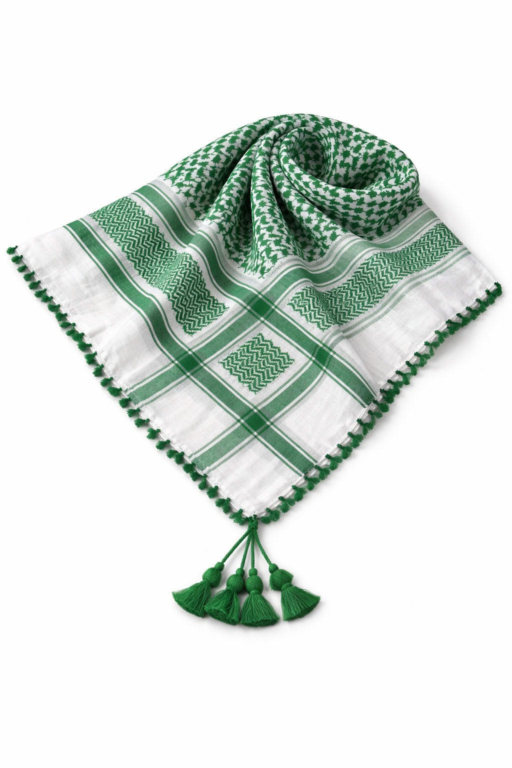Premium Green & White Traditional Shemagh Scarf with Tassel Fringe