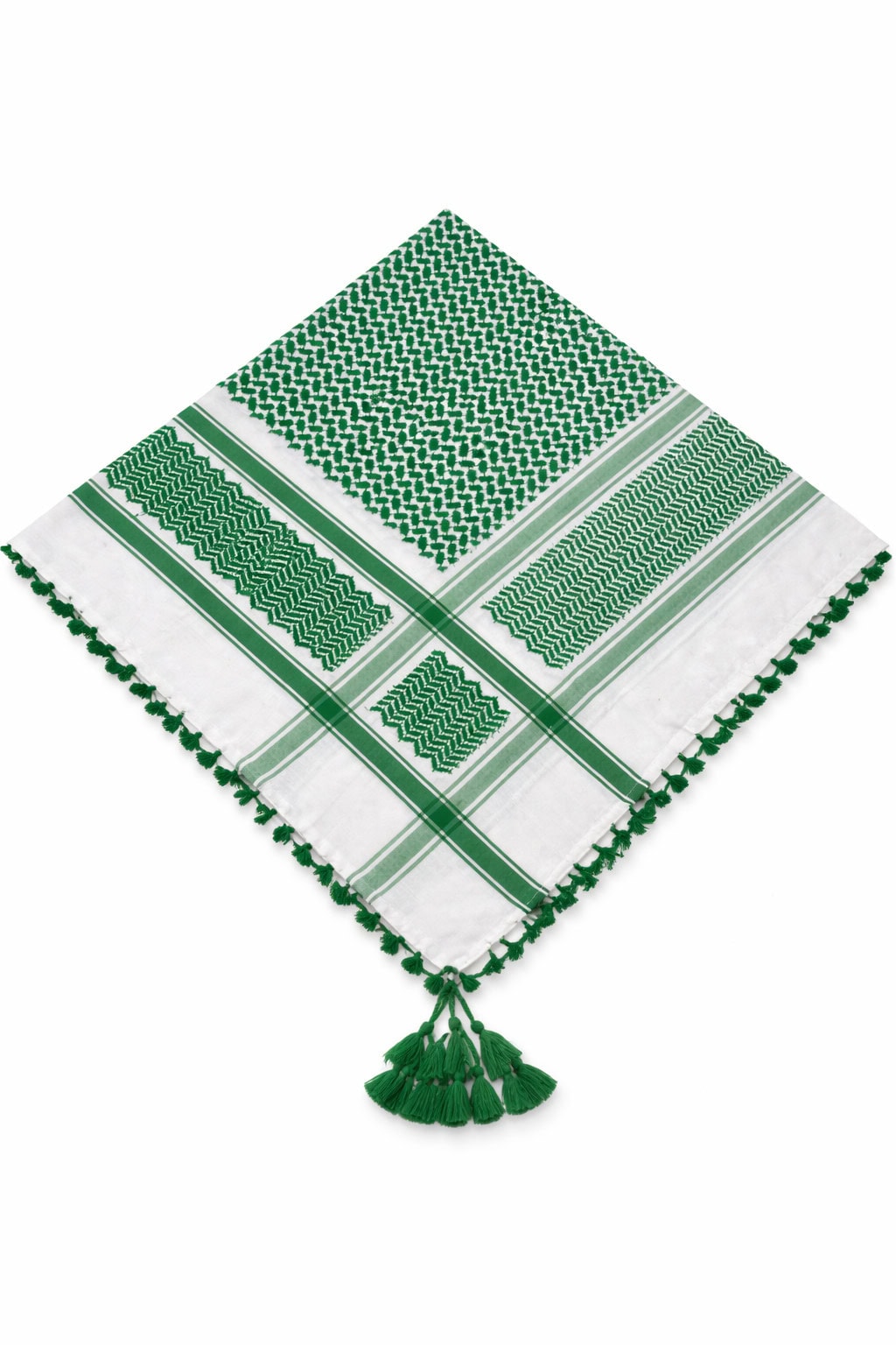 Premium Green & White Traditional Shemagh Scarf with Tassel Fringe