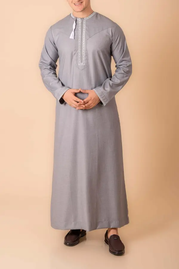 Navy Blue Omani Thobe with Silver Grey Geometric Embroidery & Tassel